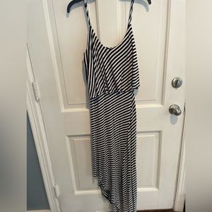 Striped hi low dress with unique detail at top